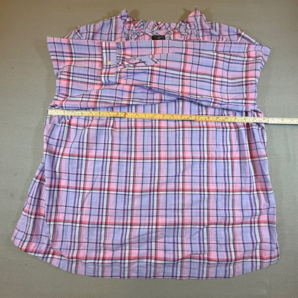 Talbots Woman 2X Purple Pink Plaid Ruffle Neck Cotton Blouse Long Sleeve 2246 - Picture 5 of 7